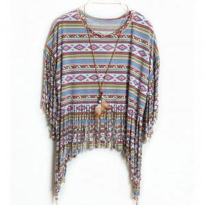 Bohemian Tribal Print Fringe Top With Round..