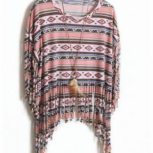 Bohemian Tribal Print Fringe Top With Round..