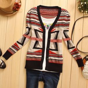 V-neck Women Knit Geometry Collision Coloraa A..