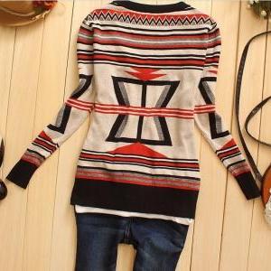 V-neck Women Knit Geometry Collision Coloraa A..