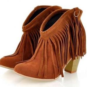 Fringed Cowboy Boots Thick With Low Cylinder