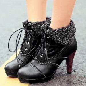 Cotton Collar Lace Heels Boots