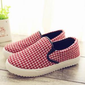 Houndstooth Printed Rounded Toe Canvas Loafers,..