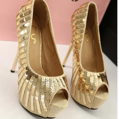 Flash Gold Sequined Heels At0112bj
