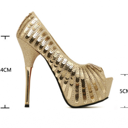 Flash Gold Sequined Heels At0112bj