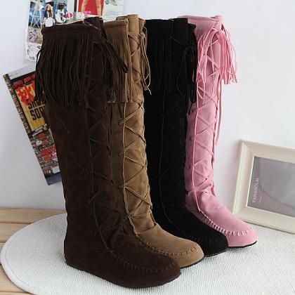 Fringed Boots With Flat Boots Knee High Boots..