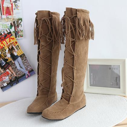 Fringed Boots With Flat Boots Knee High Boots..