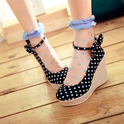 Rounded Toe Polka Dot Closed Toe Wedge Pumps With..