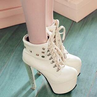 Thick With Diamond White Wedding Shoes Boots..