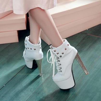 Thick With Diamond White Wedding Shoes Boots..