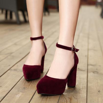Pointed-toe Platform Ankle Strap Chunky Heels