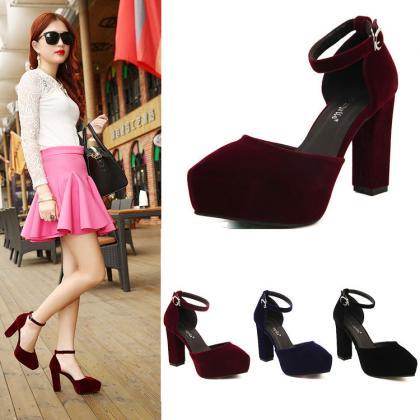 Pointed-toe Platform Ankle Strap Chunky Heels