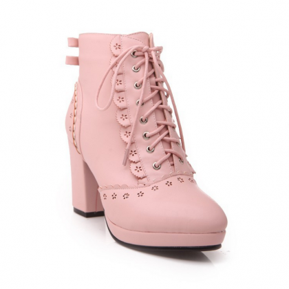 Lovely Lace Pink Lace Up Lolita Ankle Boots
