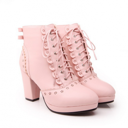 Lovely Lace Pink Lace Up Lolita Ankle Boots