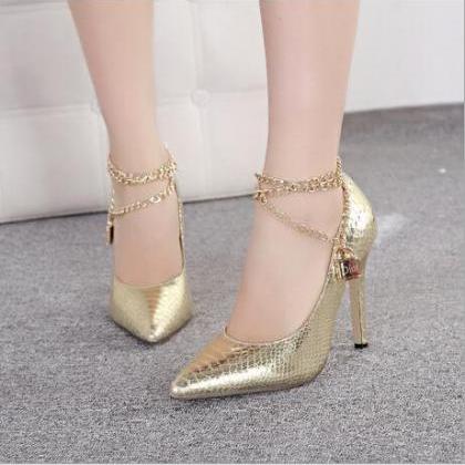 Fashion Metal Chain Pointed High-heeled Shoes..