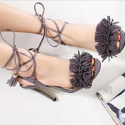 Sexy Tassel Solid Color Lace Up Sandals 7740593