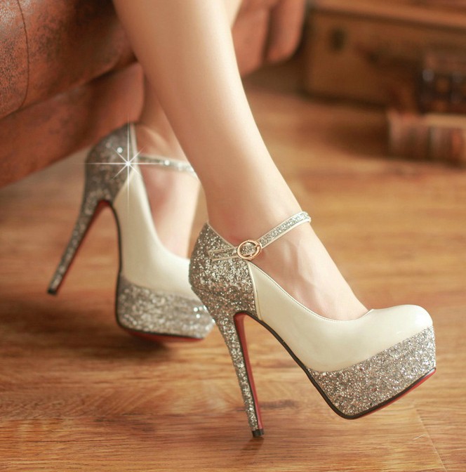 Round Toes Shimmery Stiletto Pumps with Ankle Straps