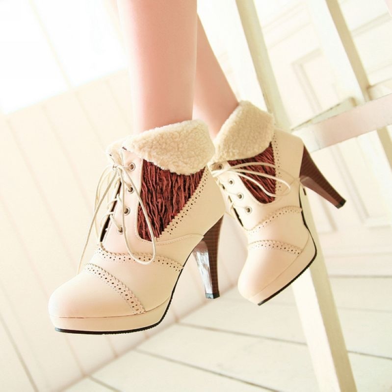 Cotton Collar Lace Heels Boots