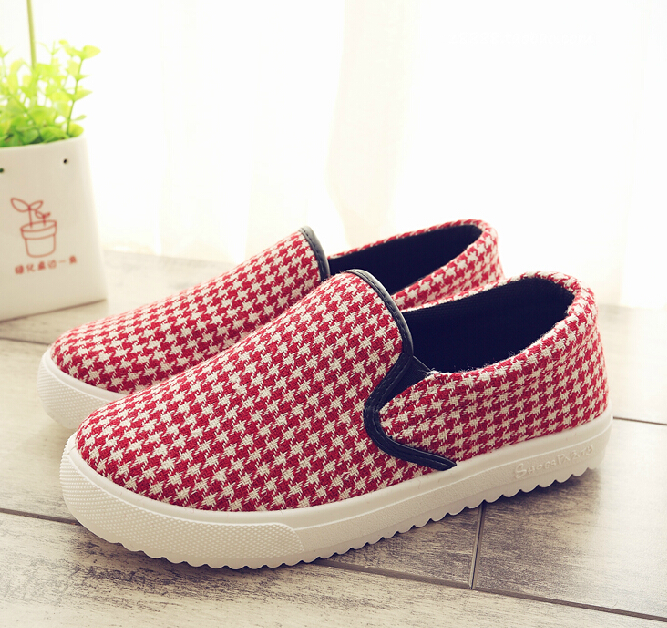 Houndstooth Printed Rounded Toe Canvas Loafers, Flat Shoes