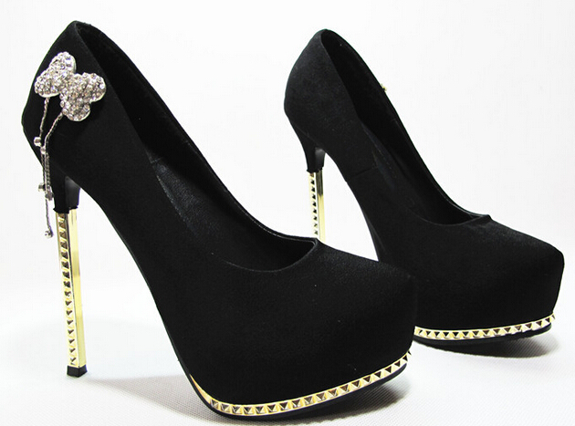 Rounded Toe Suede Stiletto High Heel Pumps With Rhinestone Ribbon