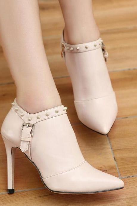 Pointed-toe Stiletto Ankle Boots With Rivet And Buckles Detailing